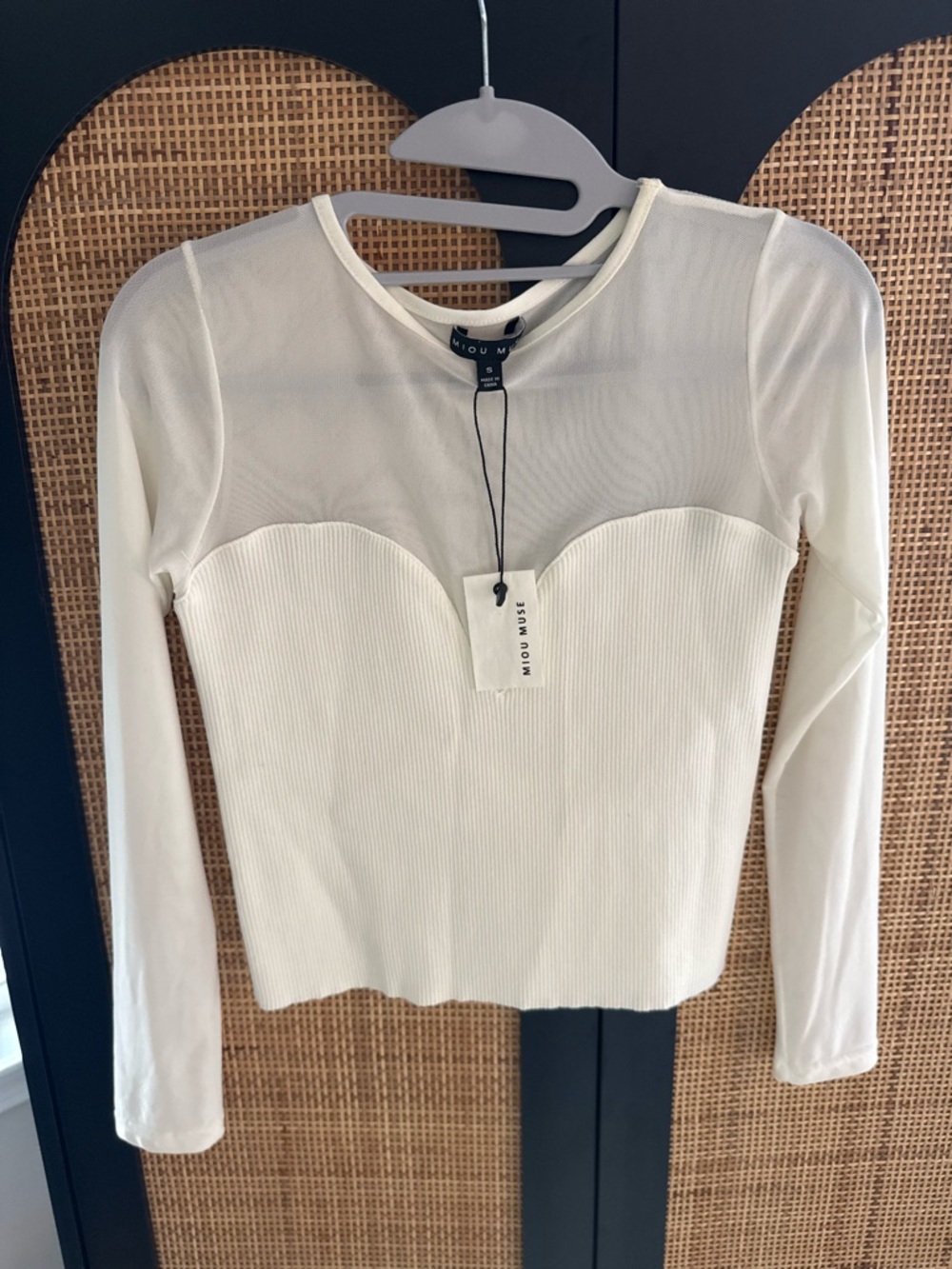 Cream Long-Sleeve Mesh Yoke Ribbed Top